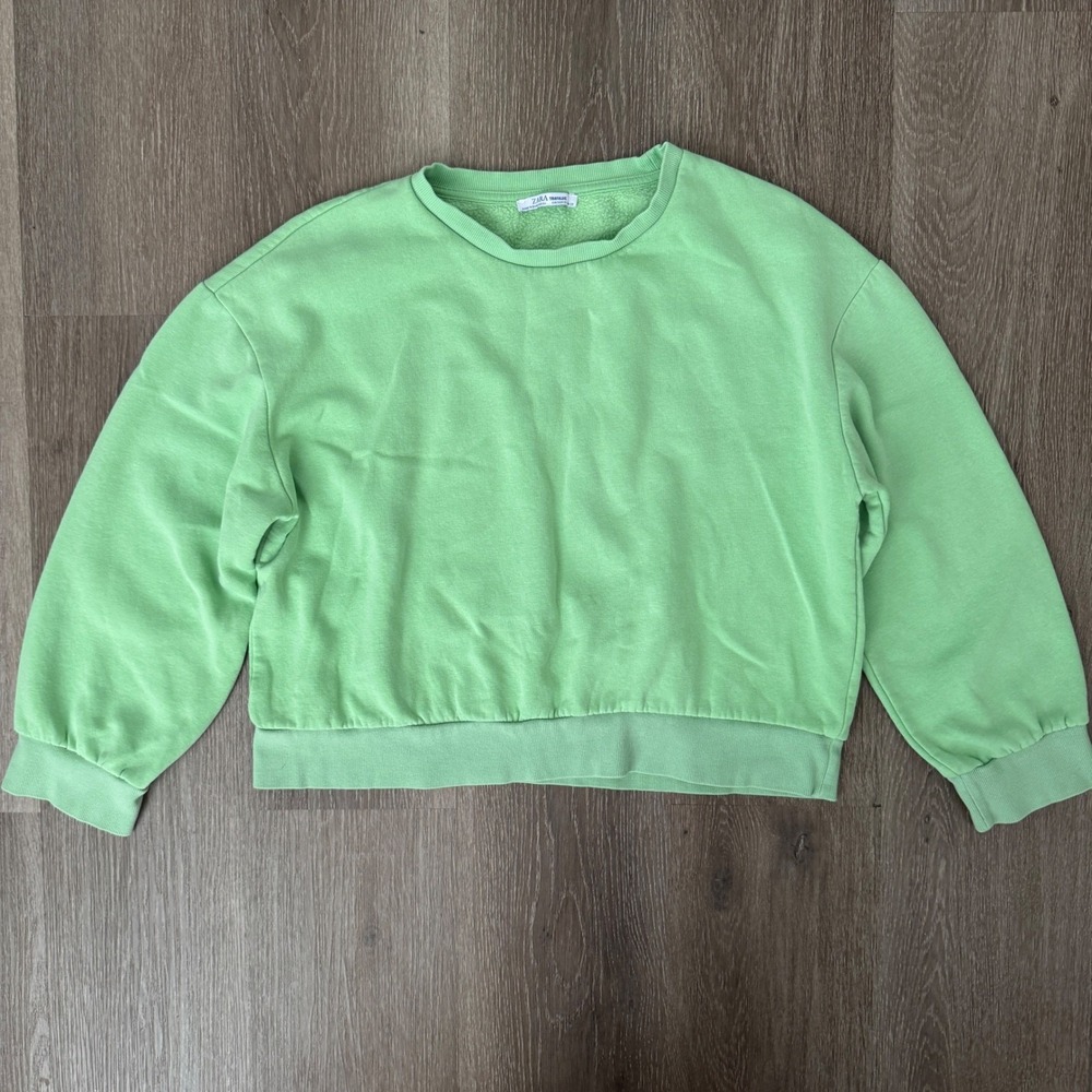 Zara Sweatshirt Womens Medium Lime Green Cropped Fleece Pullover Crewneck